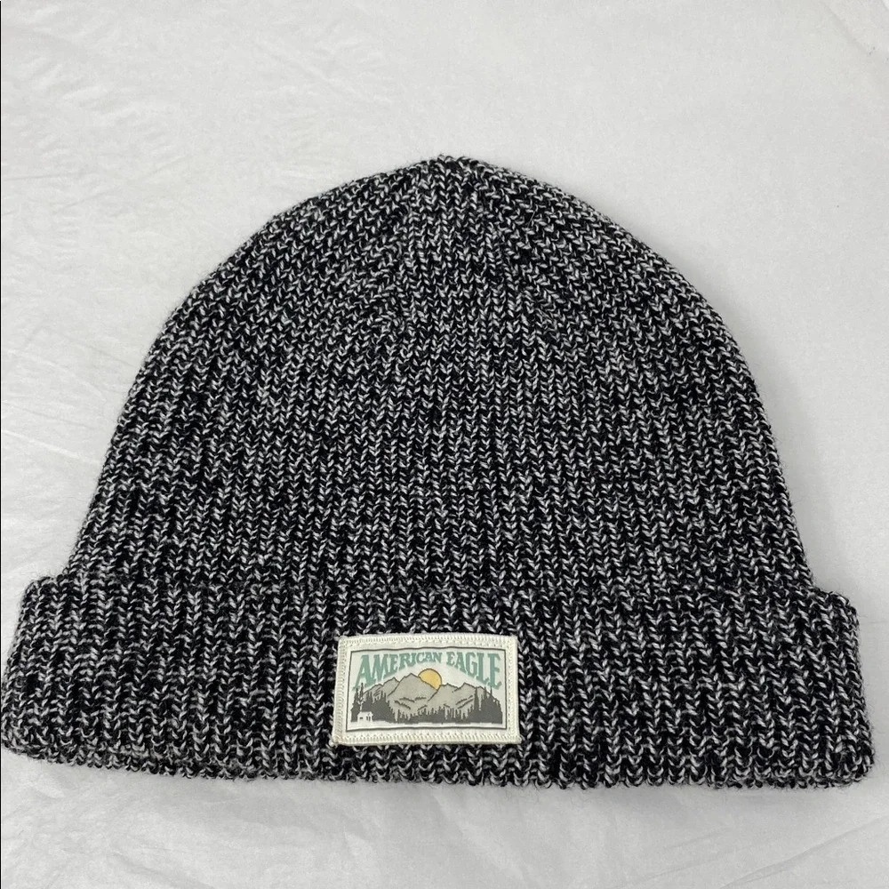 American Eagle Black White Marled Knit Beanie Hat Unisex Soft Winter Cap
